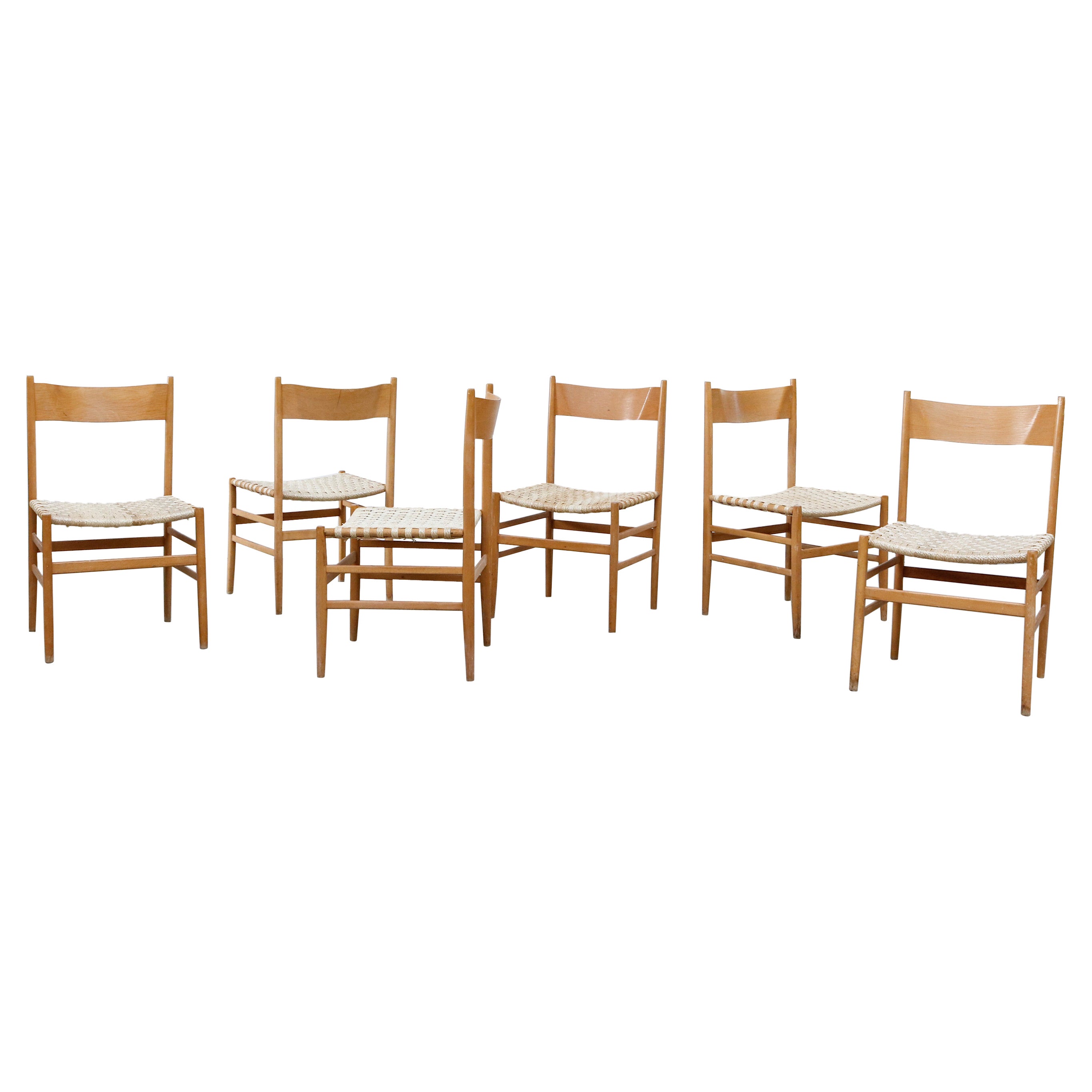 Hans Wegner Inspired Danish Blonde Dining Chairs with Woven Rope Seats