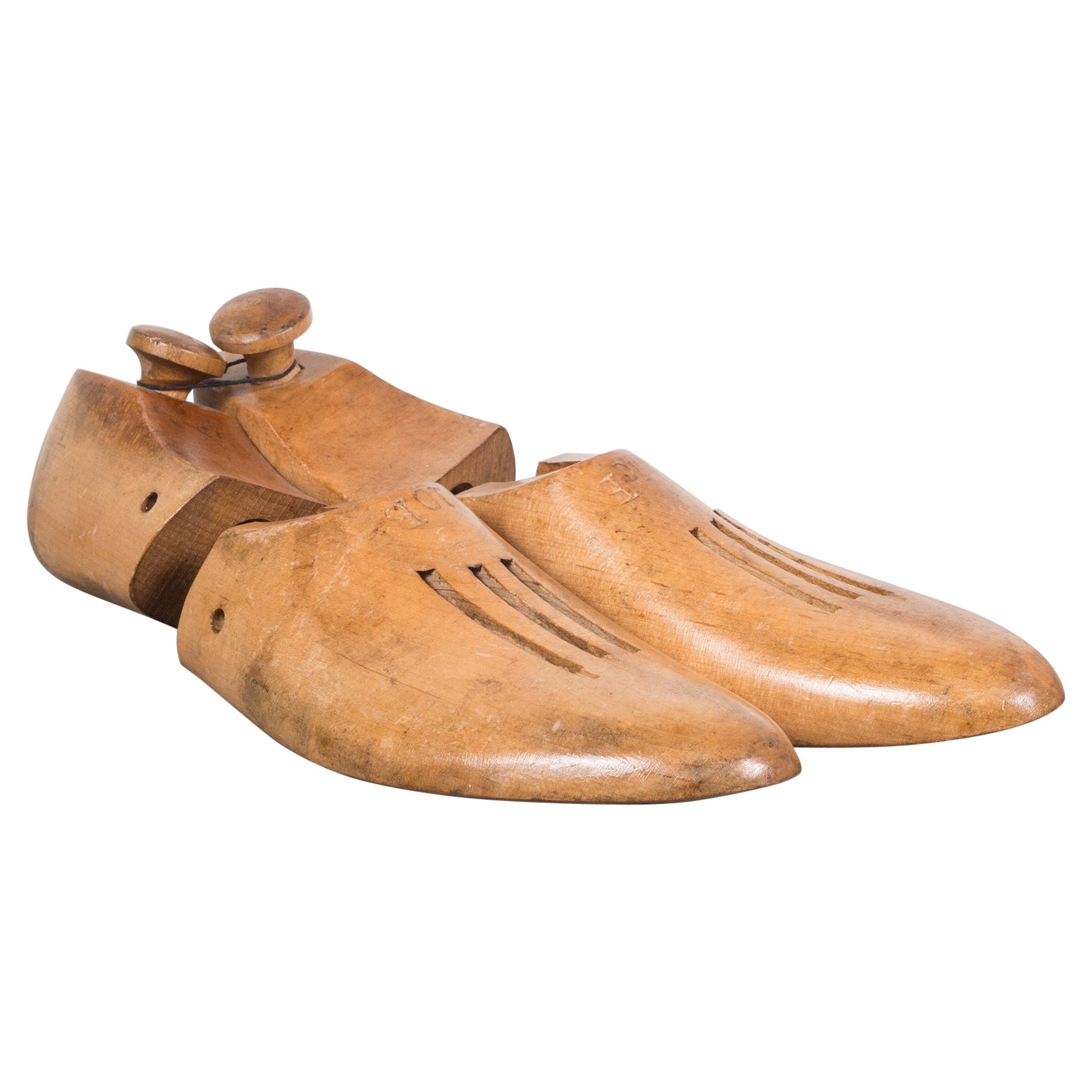 Antike hölzerne Schuhformen mit Griffen, um 1920