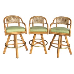 McGuire of San Francisco Swivel Bar Stools in Rattan, Leather & Brass, Set of 3