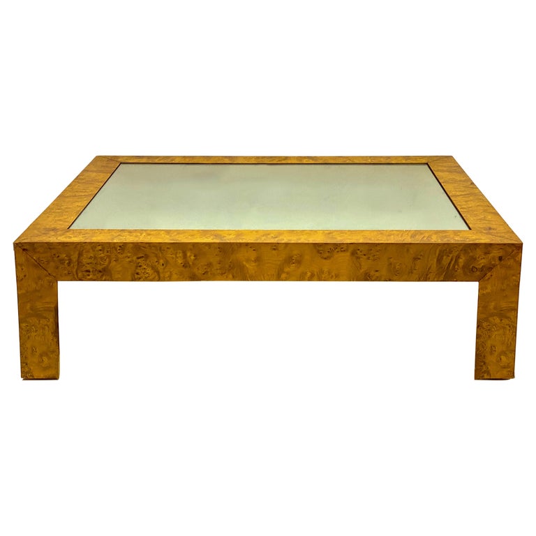 Modern Italian Burlwood and Mirror Coffee Table in the Manner of Milo Baughman For Sale