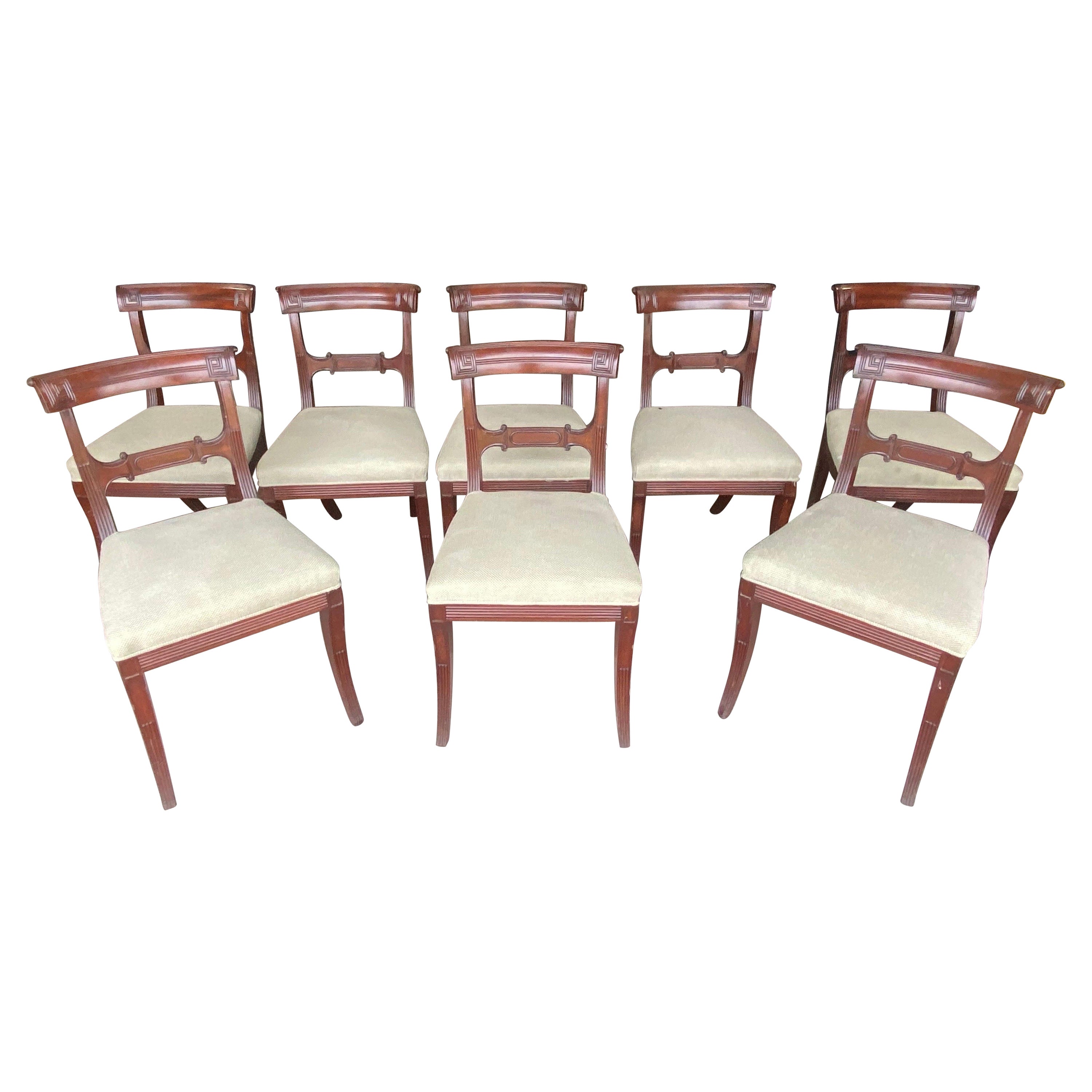 Set of 8 19th Century English Mahogany Side Chairs with Greek Key and Saber Legs For Sale