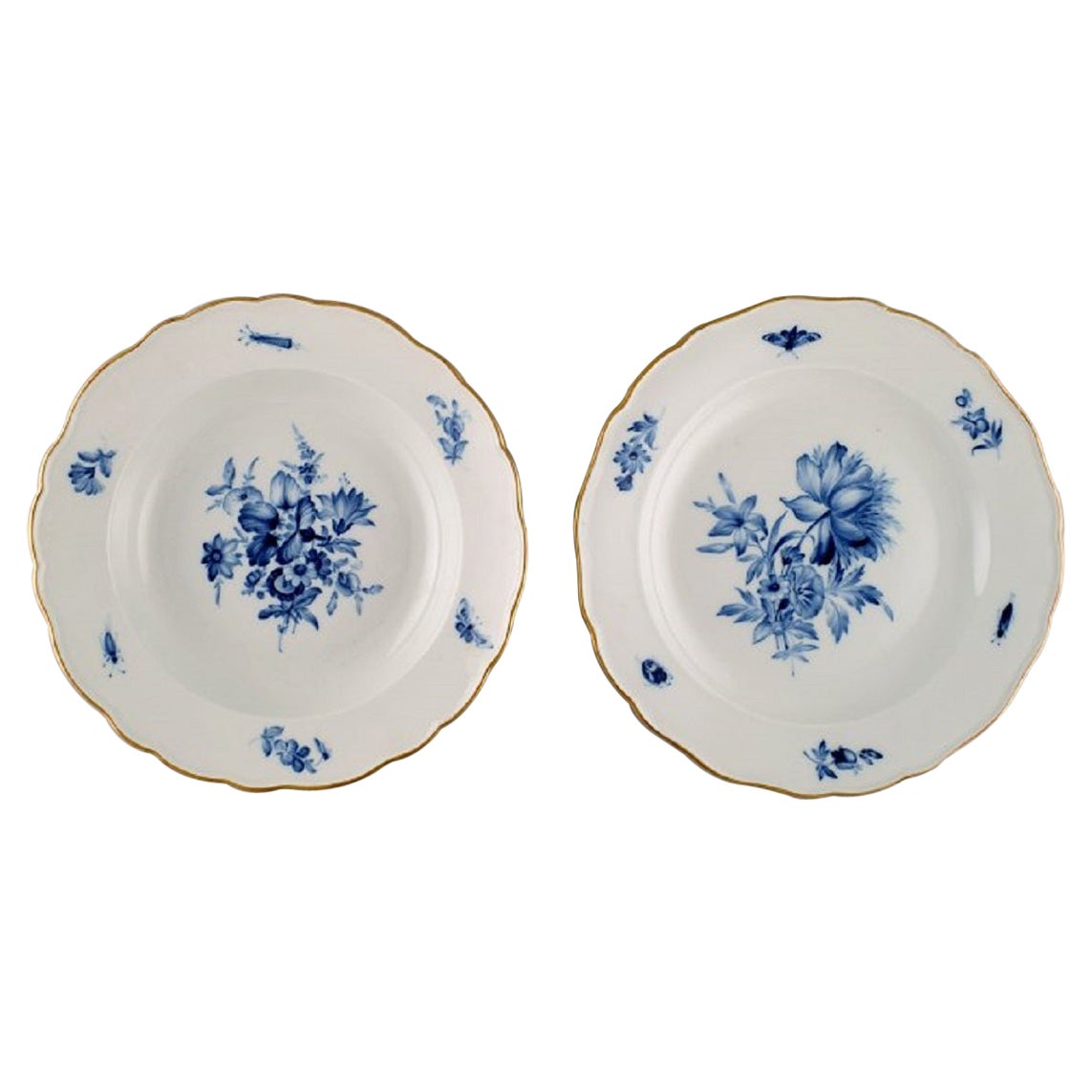 Two Antique Meissen Porcelain Plates with Hand-Painted Flowers and Gold Edge