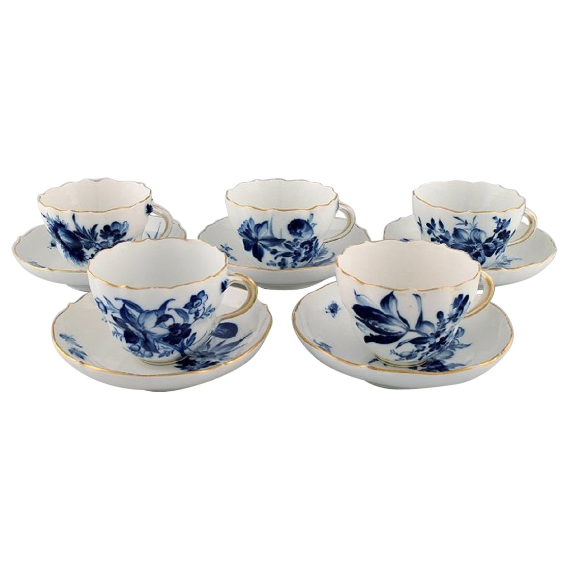 Five Antique Meissen Coffee Cups with Saucers in Porcelain, Early 20th C