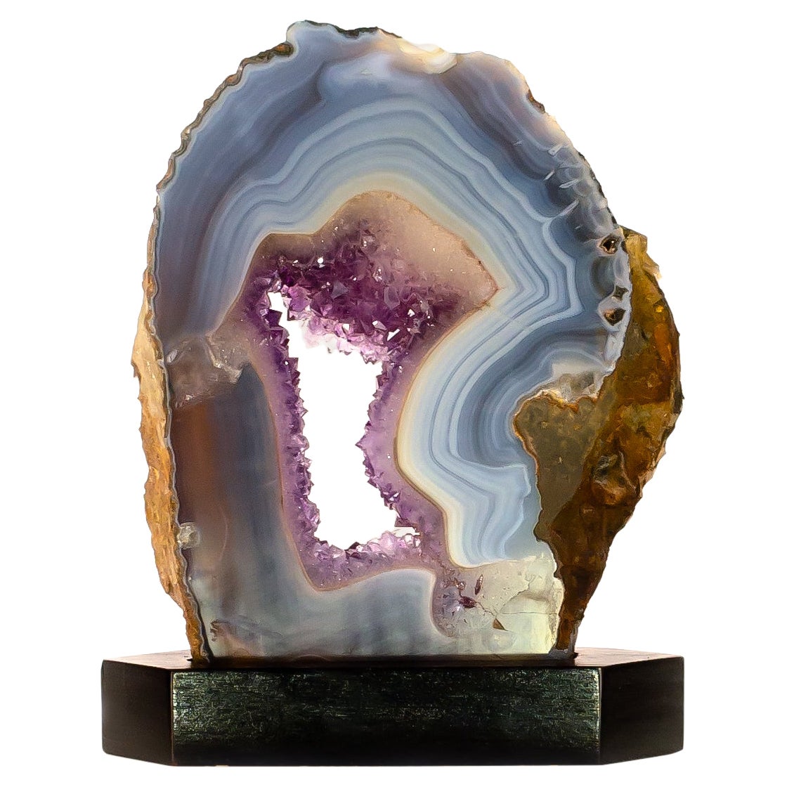 Amethyst Slice with Blue Polished Agate, Amethyst Crystals and White Quartz