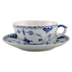 Royal Copenhagen Blue Fluted Half Lace Teacup with Saucer, Model Number 1/525