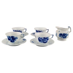 Four Royal Copenhagen Blue Flower Angular Coffee Cups with Saucers and Creamer