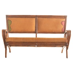 Vintage Bamboo Rattan Handmade Ramon Castellano Painted Leather Sofa Kalma Furniture