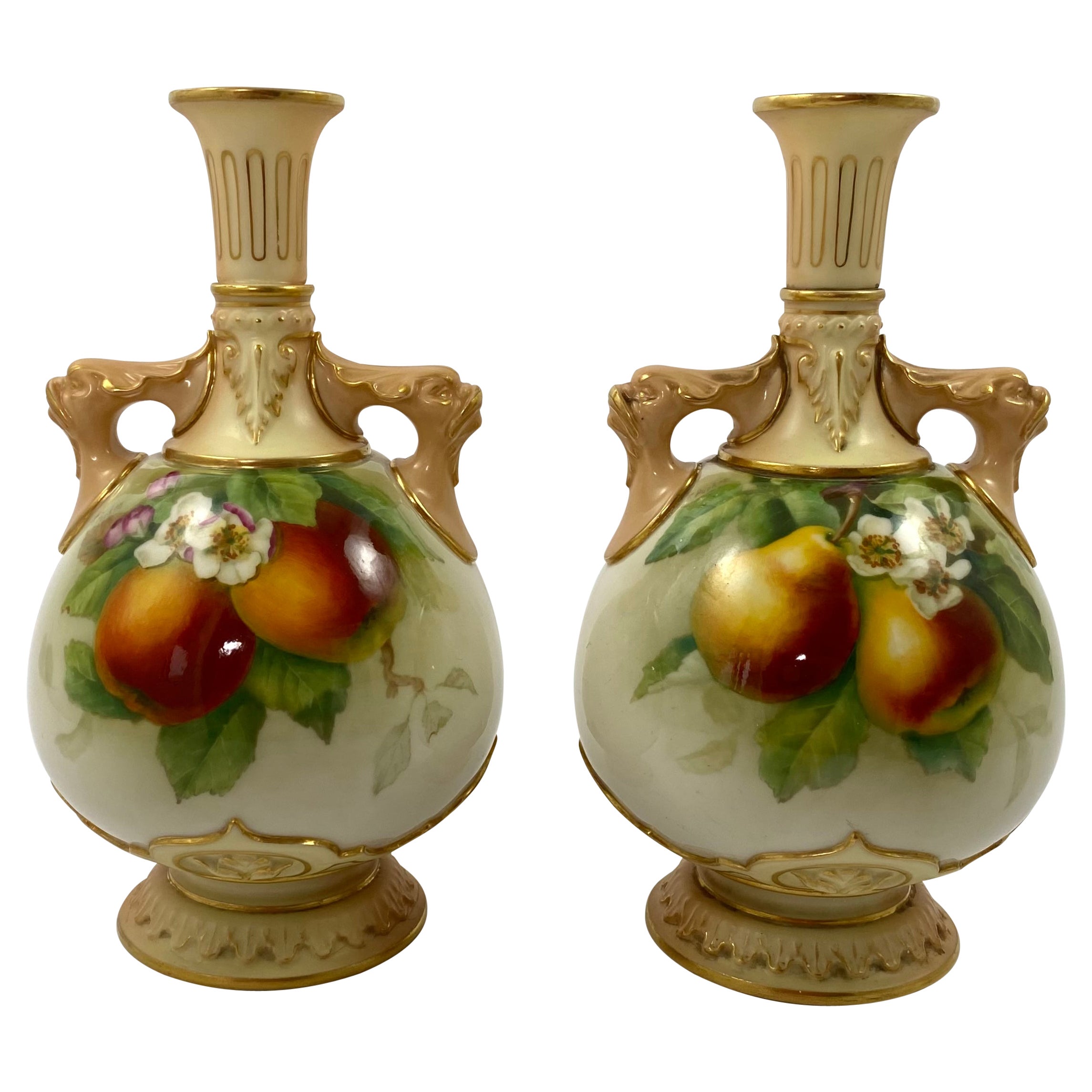 Pair Royal Worcester Porcelain Vases, Fruit, Signed F. Harper, D. 1906