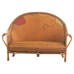 Vintage Sofa Bamboo Rattan Wood Painted Leather Ramon Castellano Spanish Kalma Furniture
