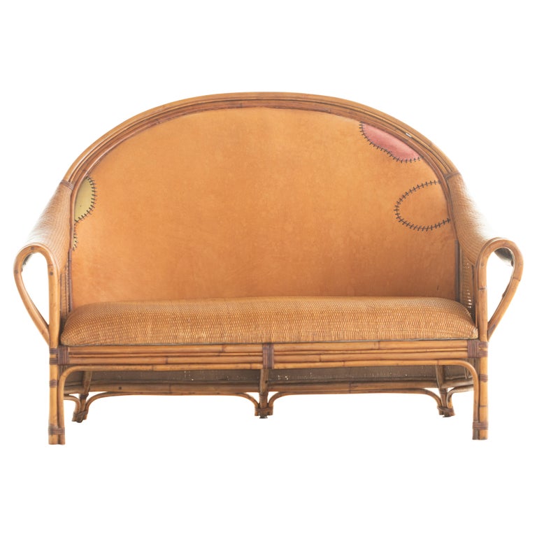 Sofa Bamboo Rattan Wood Painted Leather Ramon Castellano Spanish Kalma Furniture For Sale