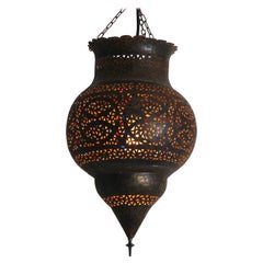 Moroccan Handcrafted Moorish Bronze Pendant Lantern with Multi-Color Glass
