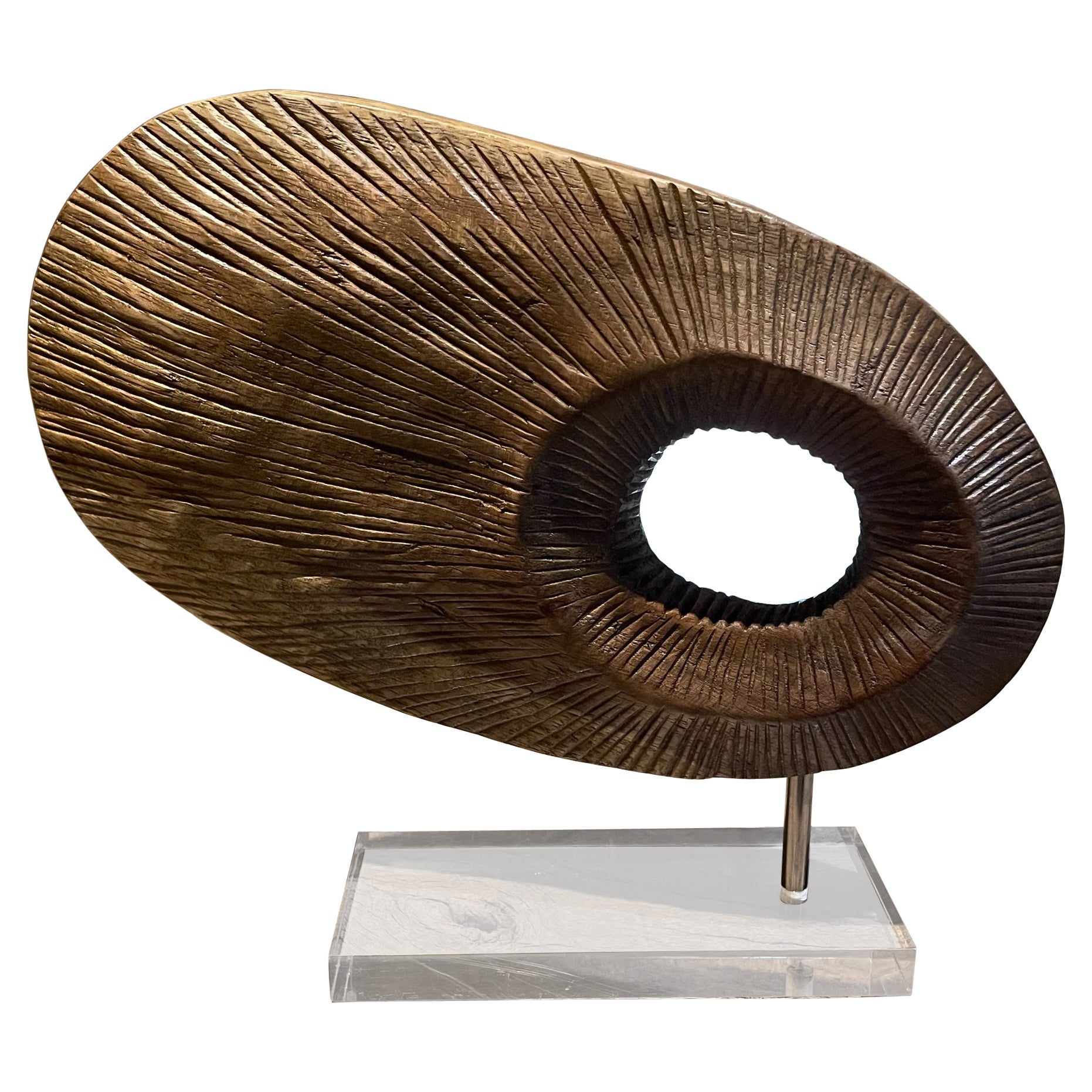 Modern Abstract Disc Sculpture Carved Wood on Lucite Base 1970s Mexico City