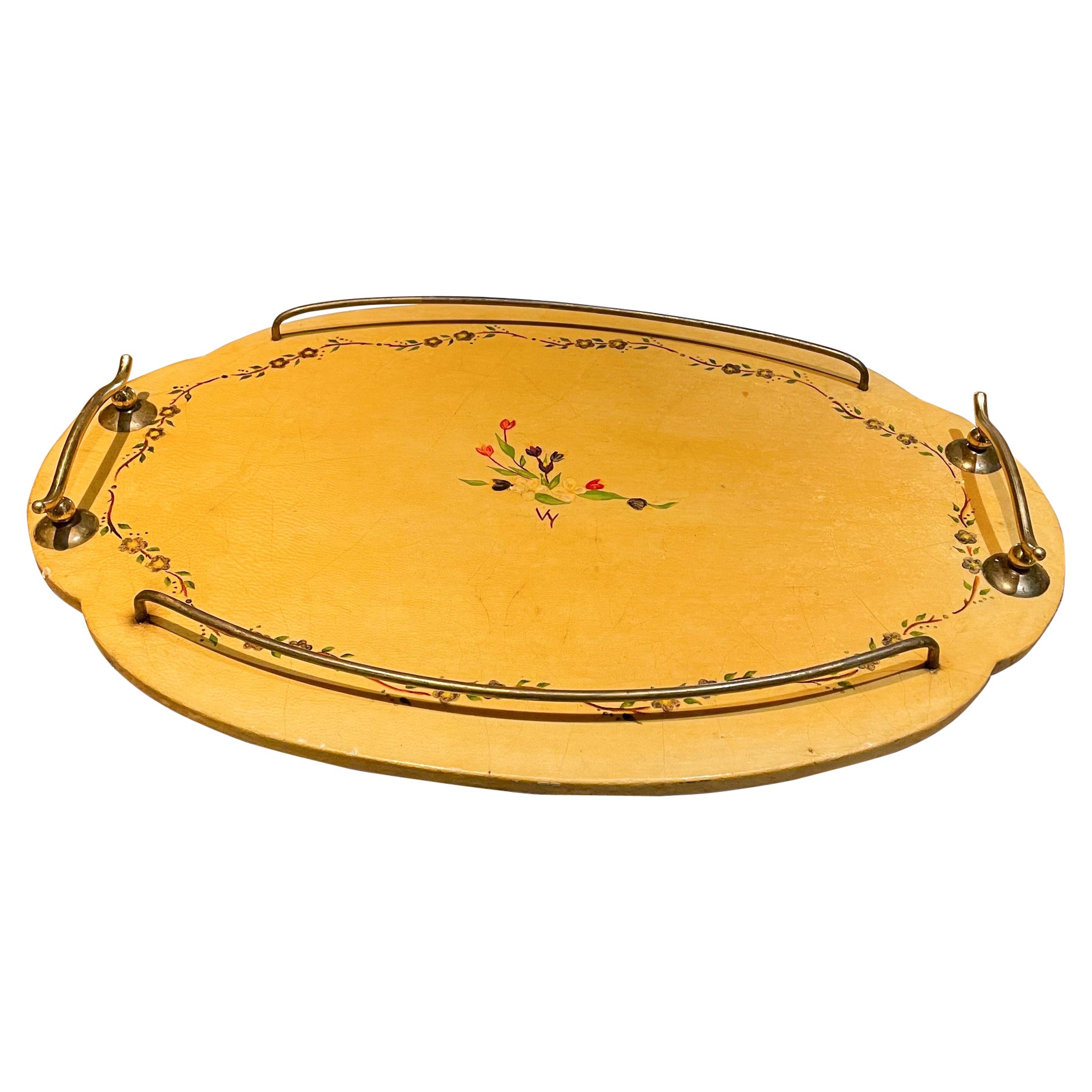 Lovely Service Tray Delicate Floral on Goatskin & Brass Aldo Tura, Italy, 1960s For Sale
