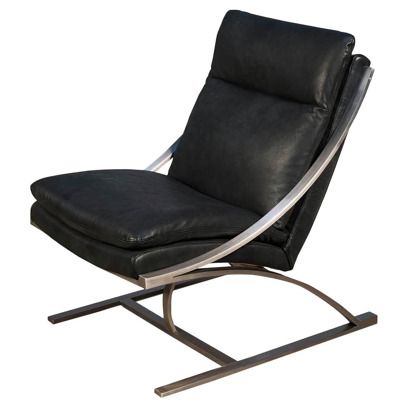 Modern Stainless Steel and Black Leather Chair