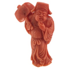 Wise Man Buddhist Carved Asian Decorative Art Statue Sculpture Natural Red Coral