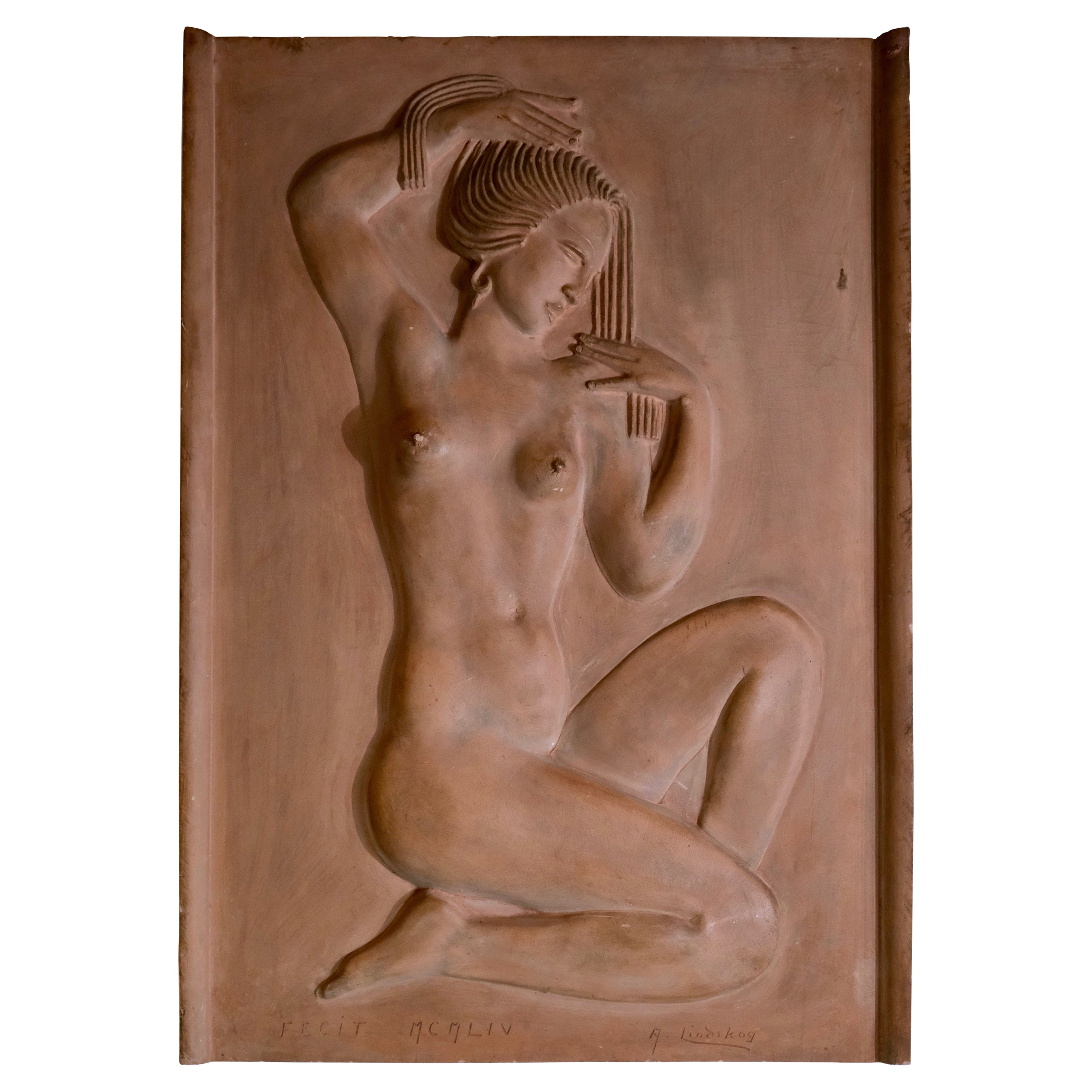 Clay-Casted Wallhanging Relief Signed A. Lindskog and Dated 1954 For Sale