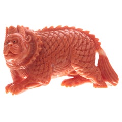 Natural Red Coral Mythological Animal Dog Carved Asian Decorative Art Sculpture
