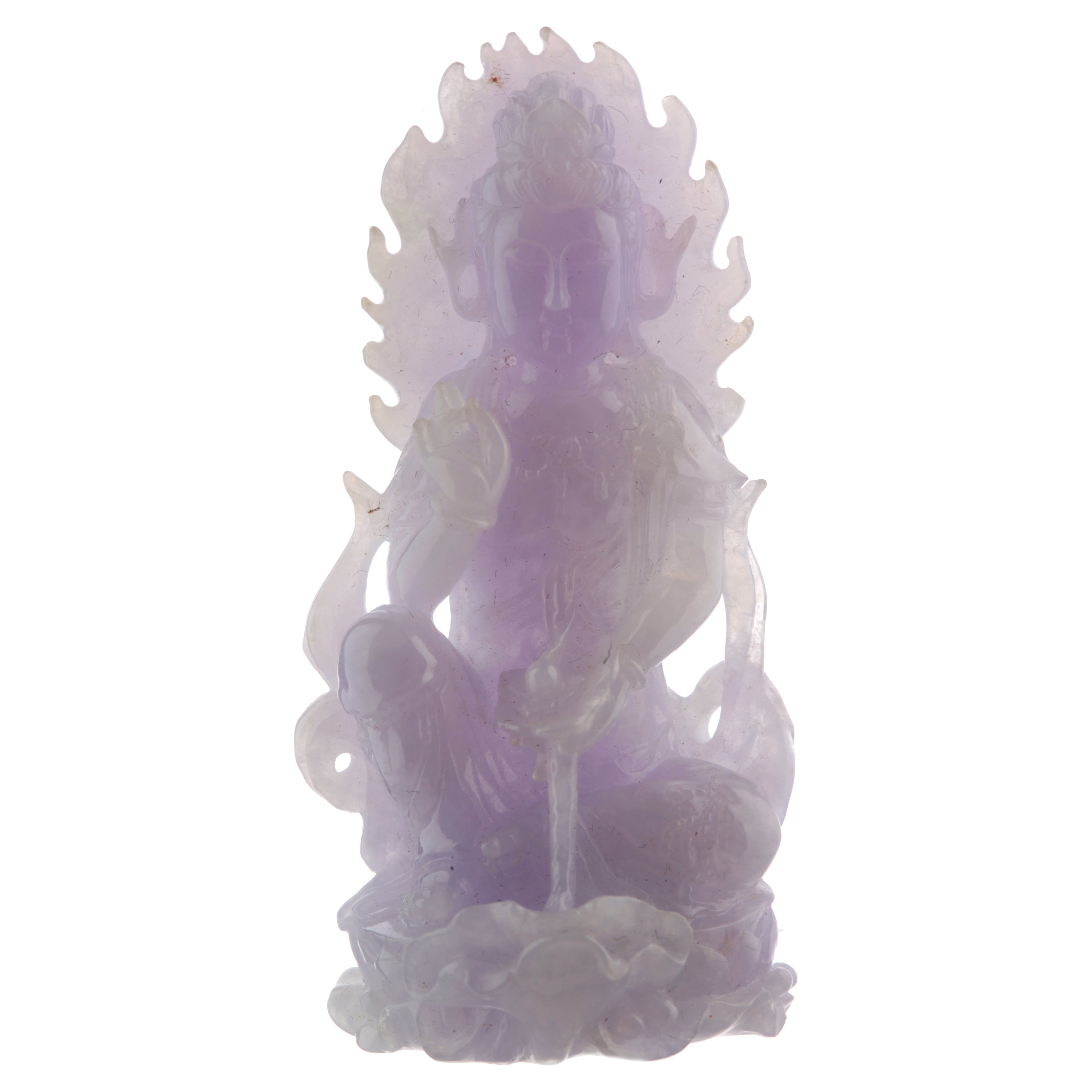 Carved Lavender Jade Figure of Guanyin Natural Jadeite Jade Buddhist Statue Deco For Sale