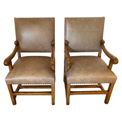 Supple Taupe Leather & Walnut Armchairs by Nancy Corzine