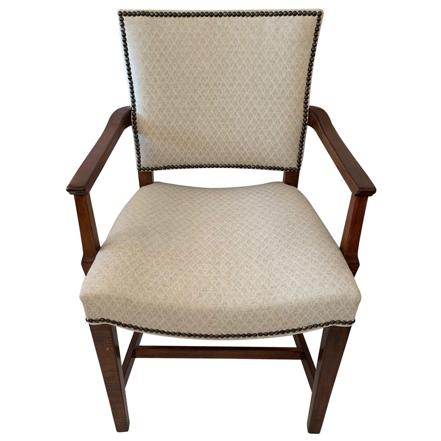 Versatile Walnut and Cream Upholstered Armchair with Nailheads For Sale