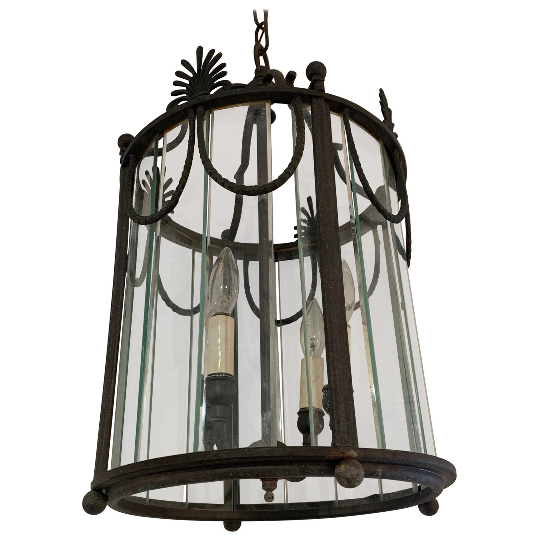 Impressive Neoclassical Patinated Bronze & Glass Pendant Chandelier Lantern For Sale