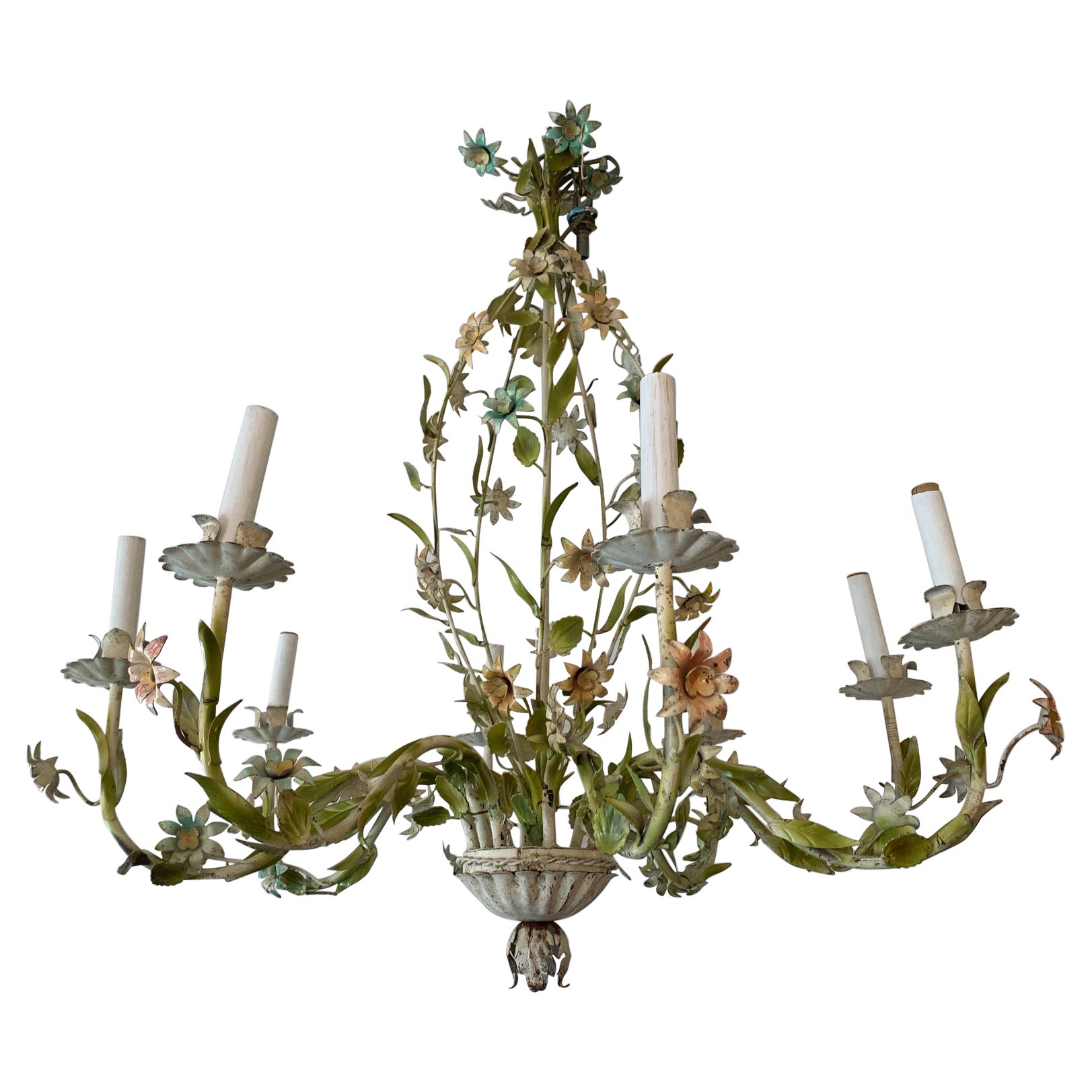 Romantic Large Italian Iron & Tole Painted Floral Chandelier