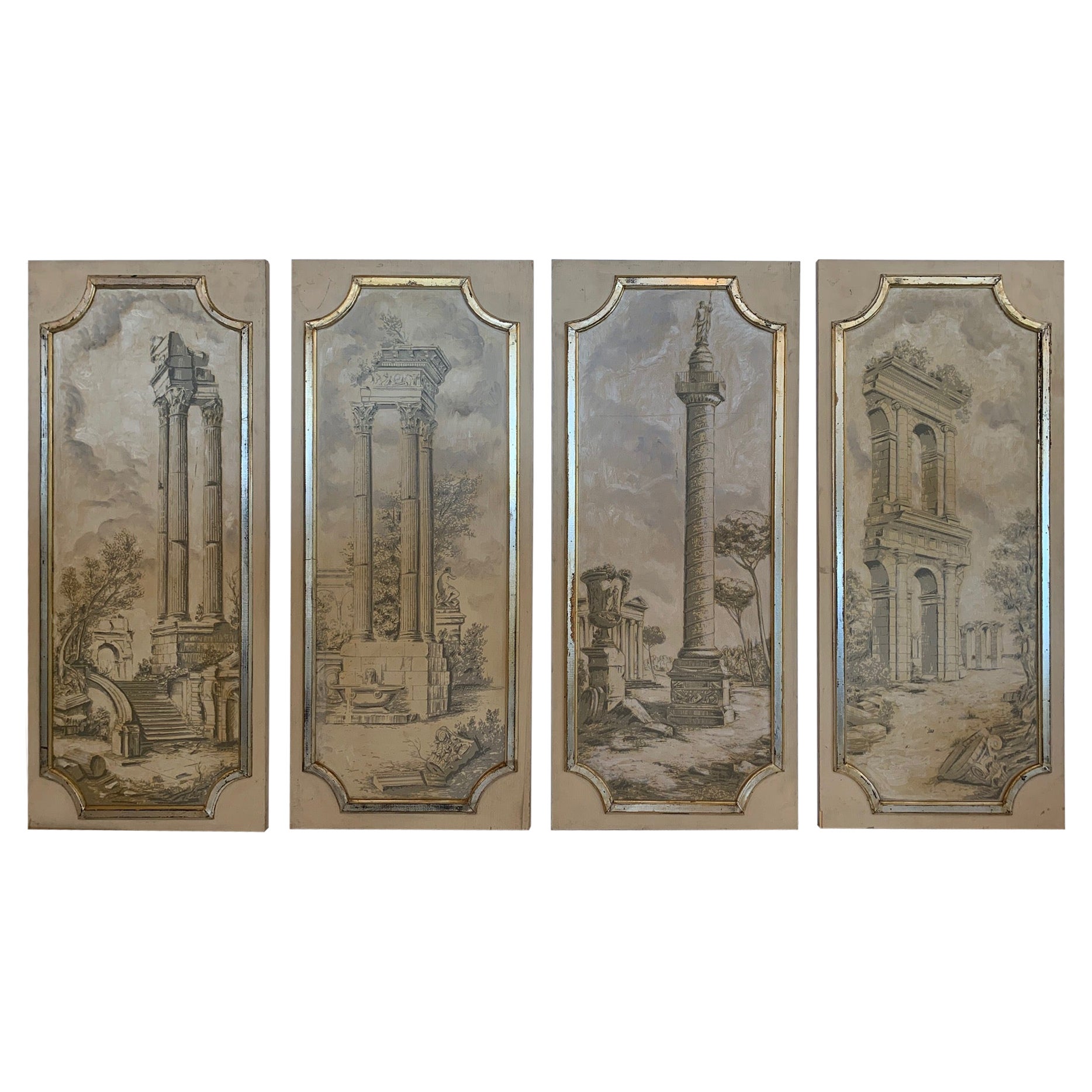 Magical Set of 4 Neoclassical Panels with Silver Gilt Frames