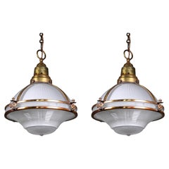 Pair Extra Large Holophane Prismatic Glass and Copper Gilt Caged Pendants Lights