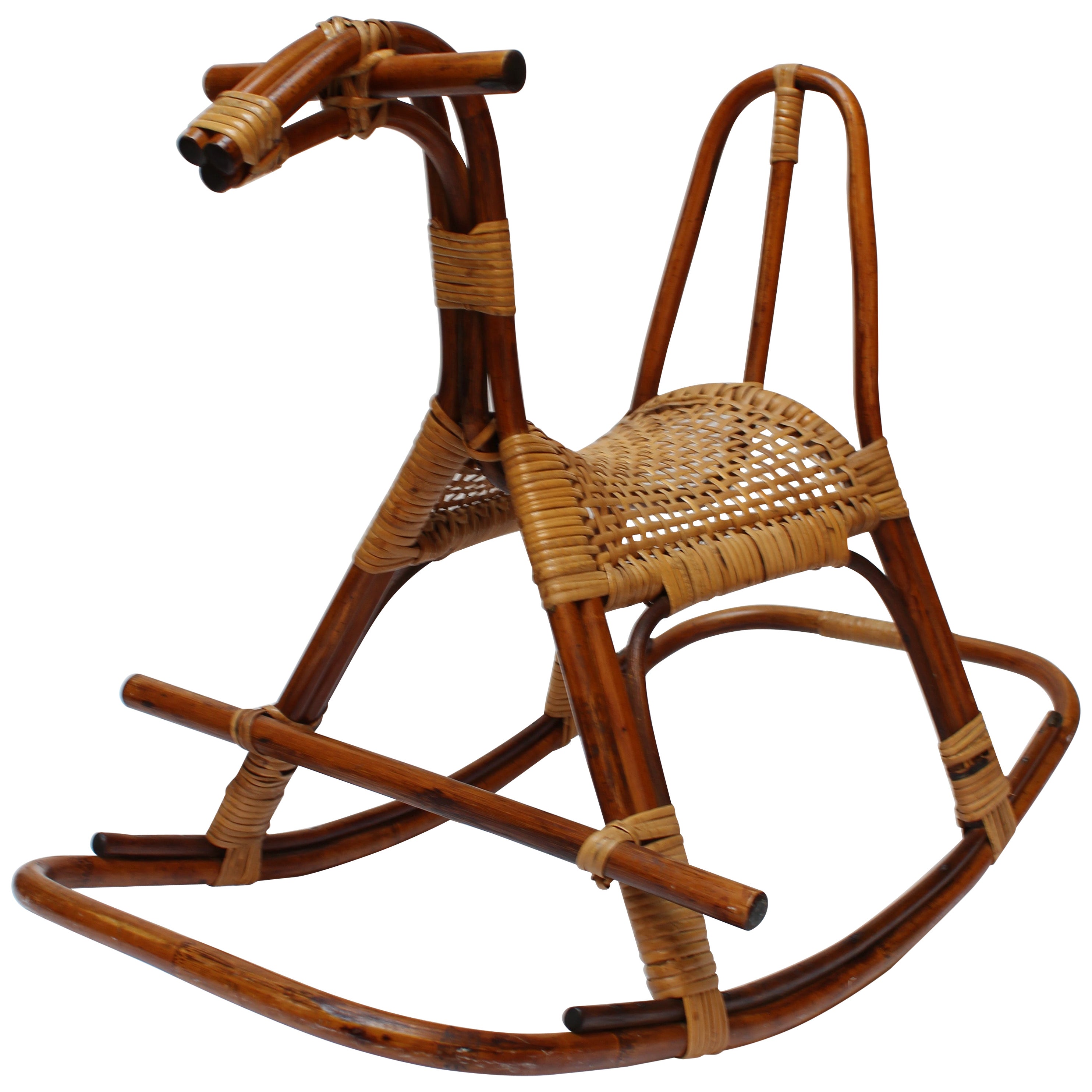 Mid-Century Italian Modern Bamboo and Rattan Rocking Horse Attributed to Albini