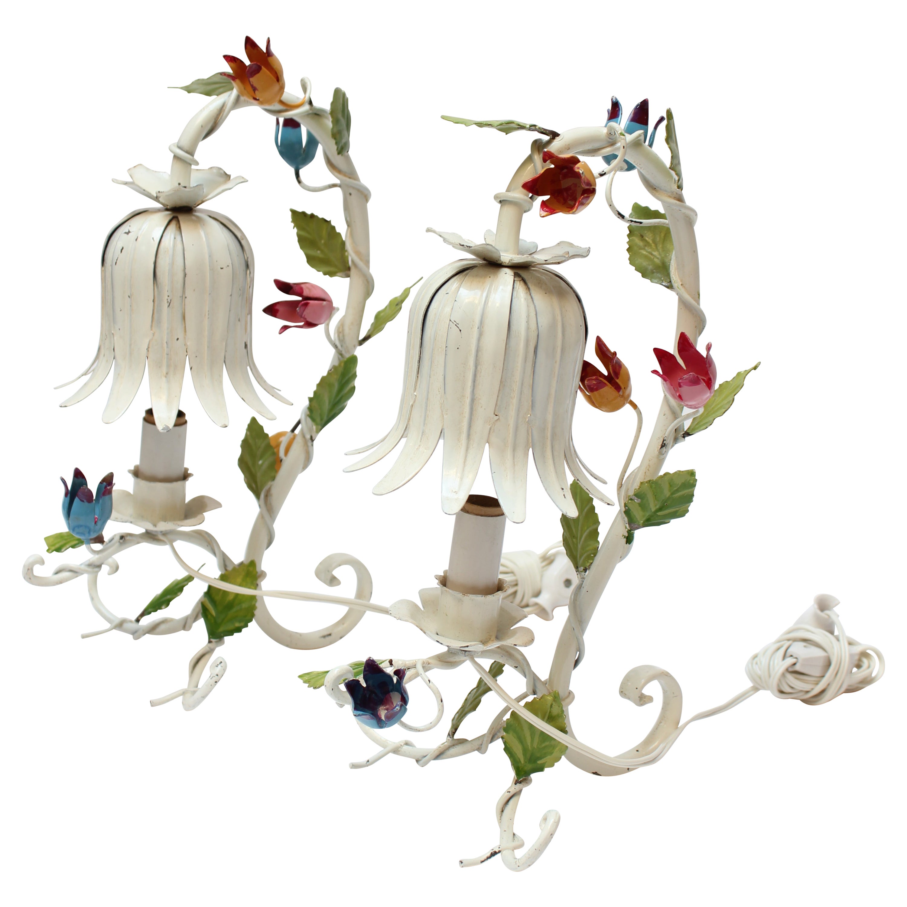 Pair of Vintage Italian Tole Flower Table Lamps For Sale