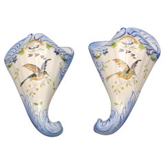 French 19th Century Pair of Longchamp Faience Hand Painted Wall Pockets