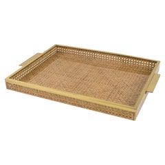 Lucite, Rattan and Brass Barware Serving Tray, made in Italy 1970s