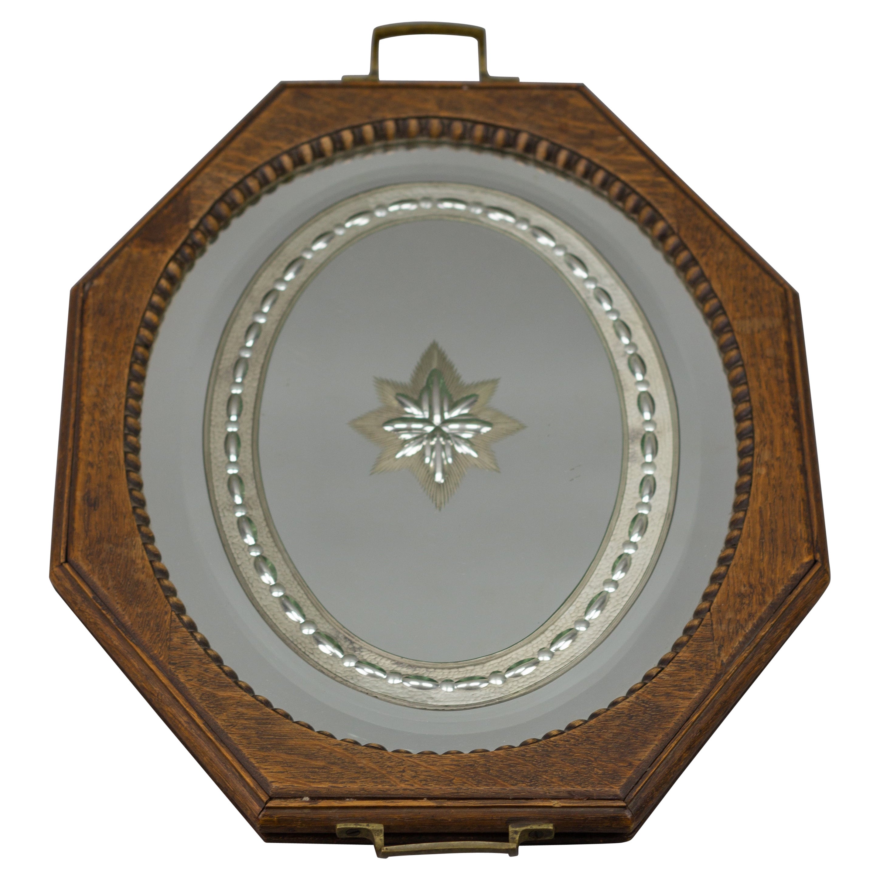 Octagonal Brown Wood Serving Tray with Oval Etched Mirror Base