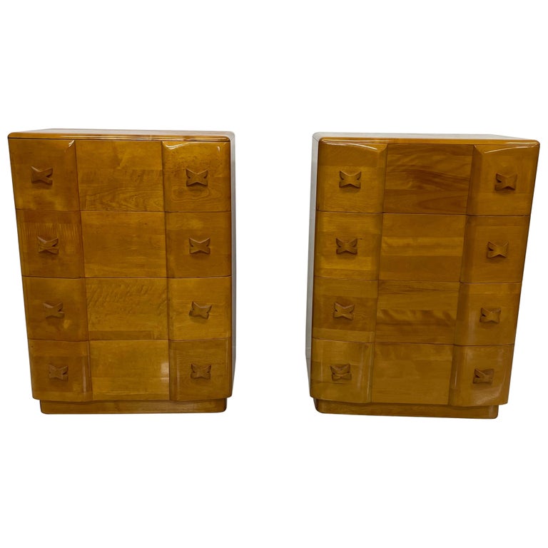 Dressers
1940s designed by Leo Jiranek RIO  2 Tall Dressers for Heywood Wakefield
Listed are two Highboy Dressers Chest of drawers crafted in Maple Wood.
Unparalleled construction solid wood- built to last forever. 
Dimensions: 45.25H x 19.5D x 32W