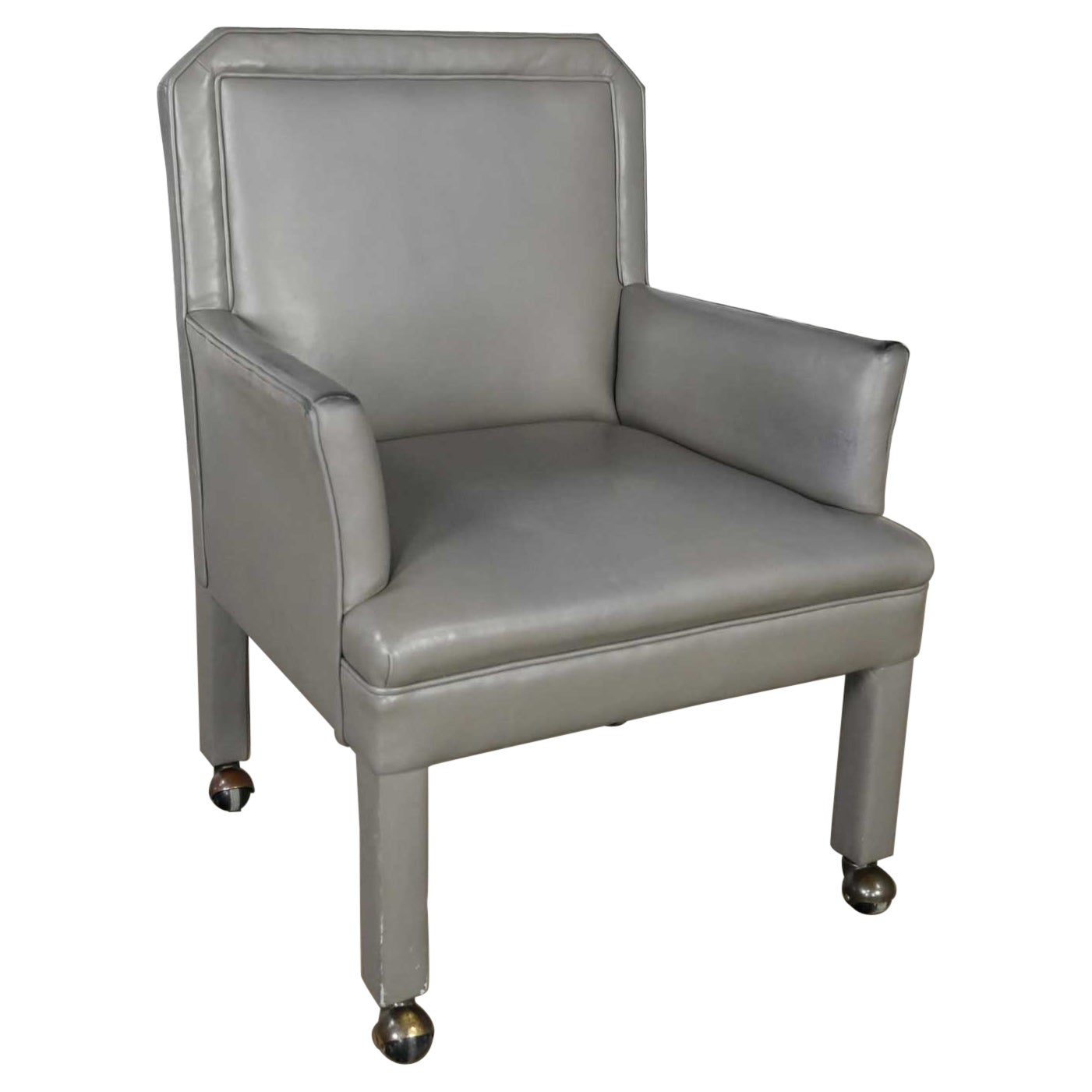 Post Modern Gray Faux Leather Parson’s Style Armed Accent Chair on Casters For Sale