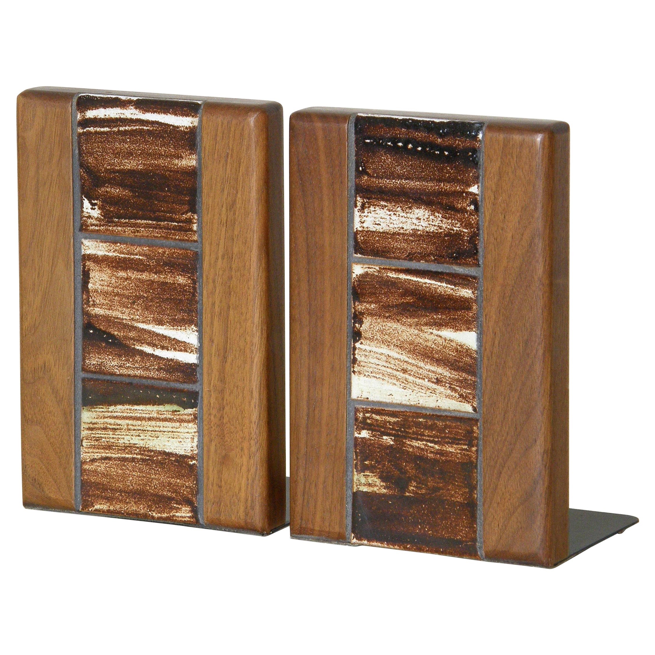 Jane and Gordon Martz Ceramic Tile and Walnut Bookends for Marshall Studios For Sale