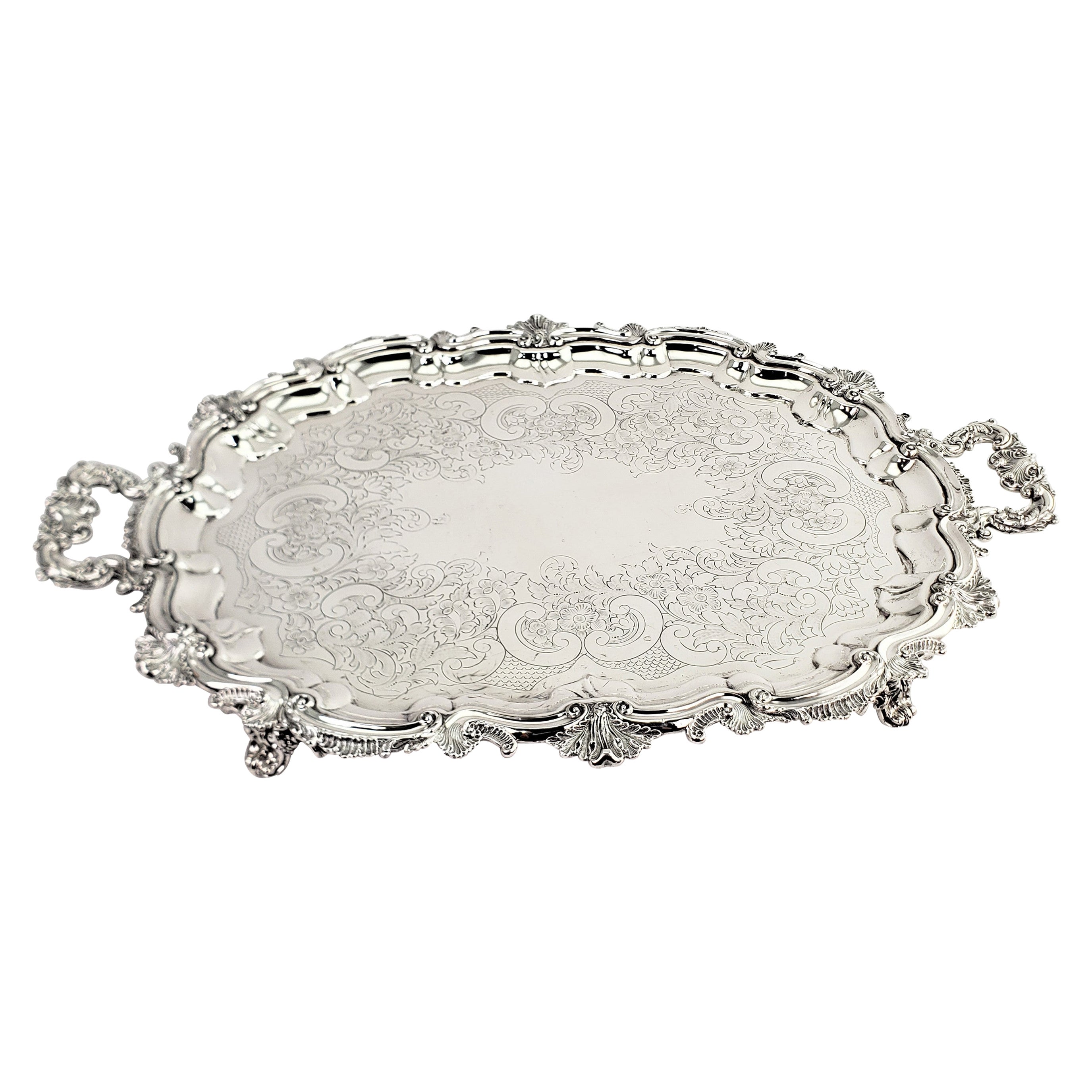 Large Antique English Silver Plated Serving Tray with Ornate Handles & Engraving