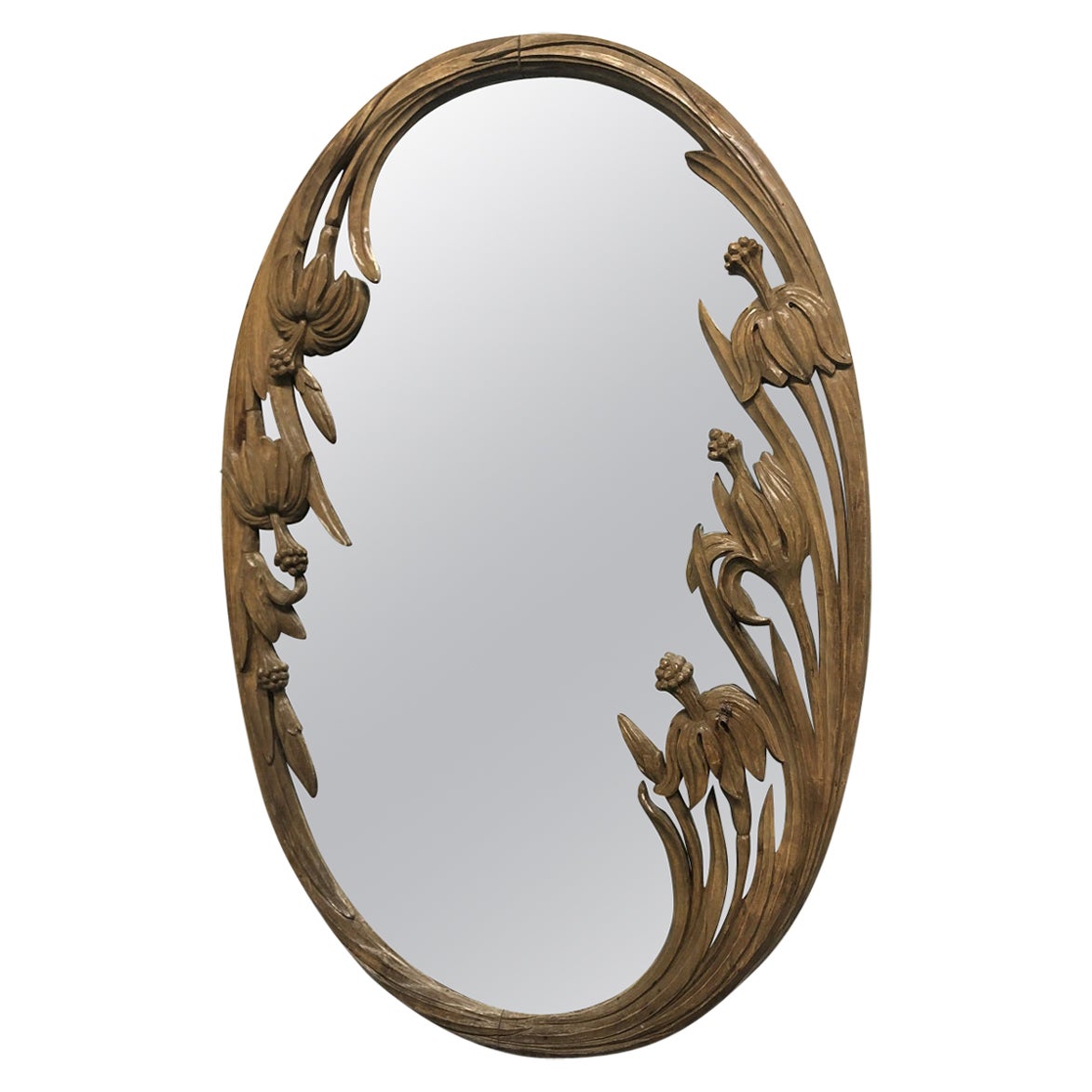 1950s Hand Carved Floral Mirror For Sale