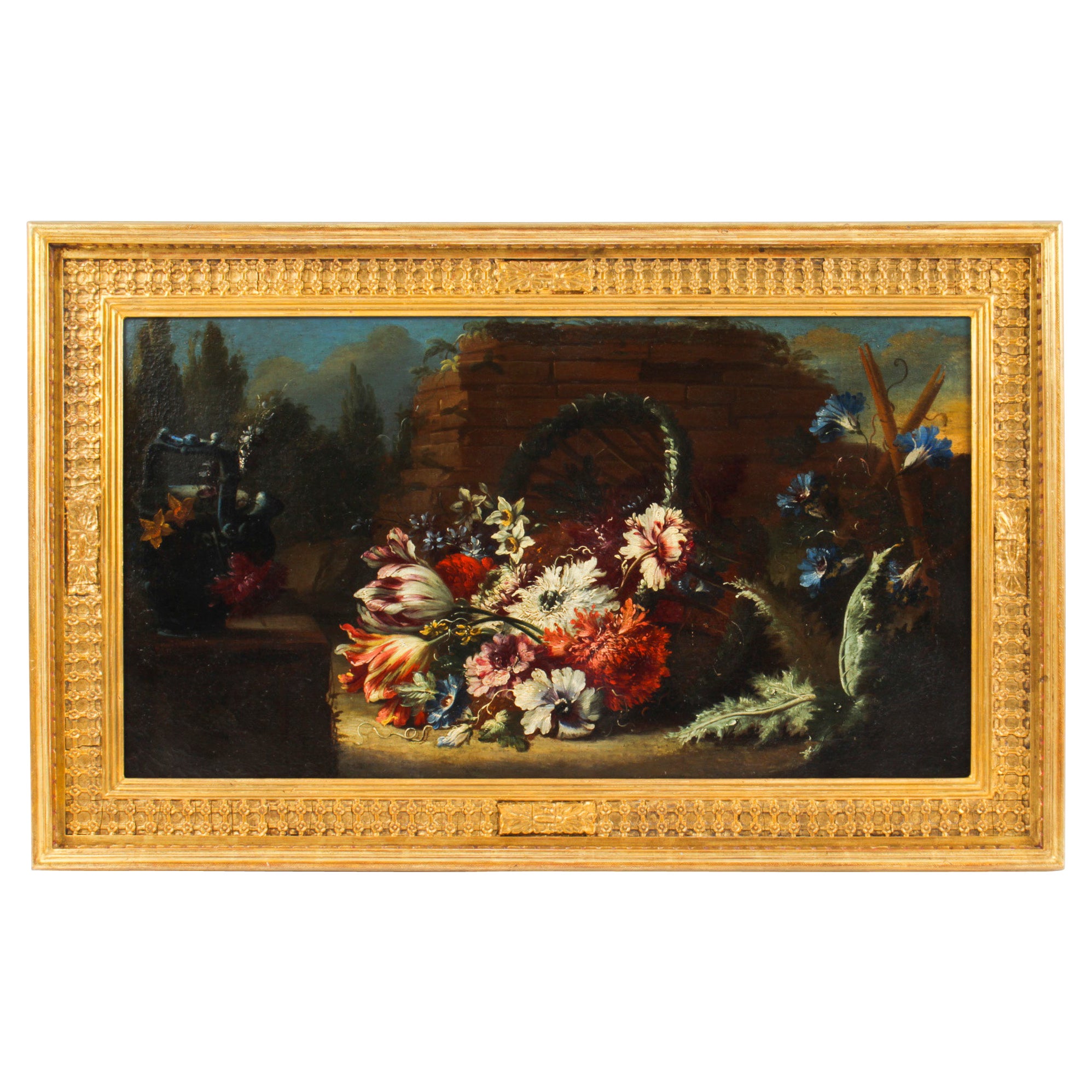 Ancienne nature morte florale de l'école hollandaise, peinture à l'huile encadrée, fin du XVIIIe siècle.