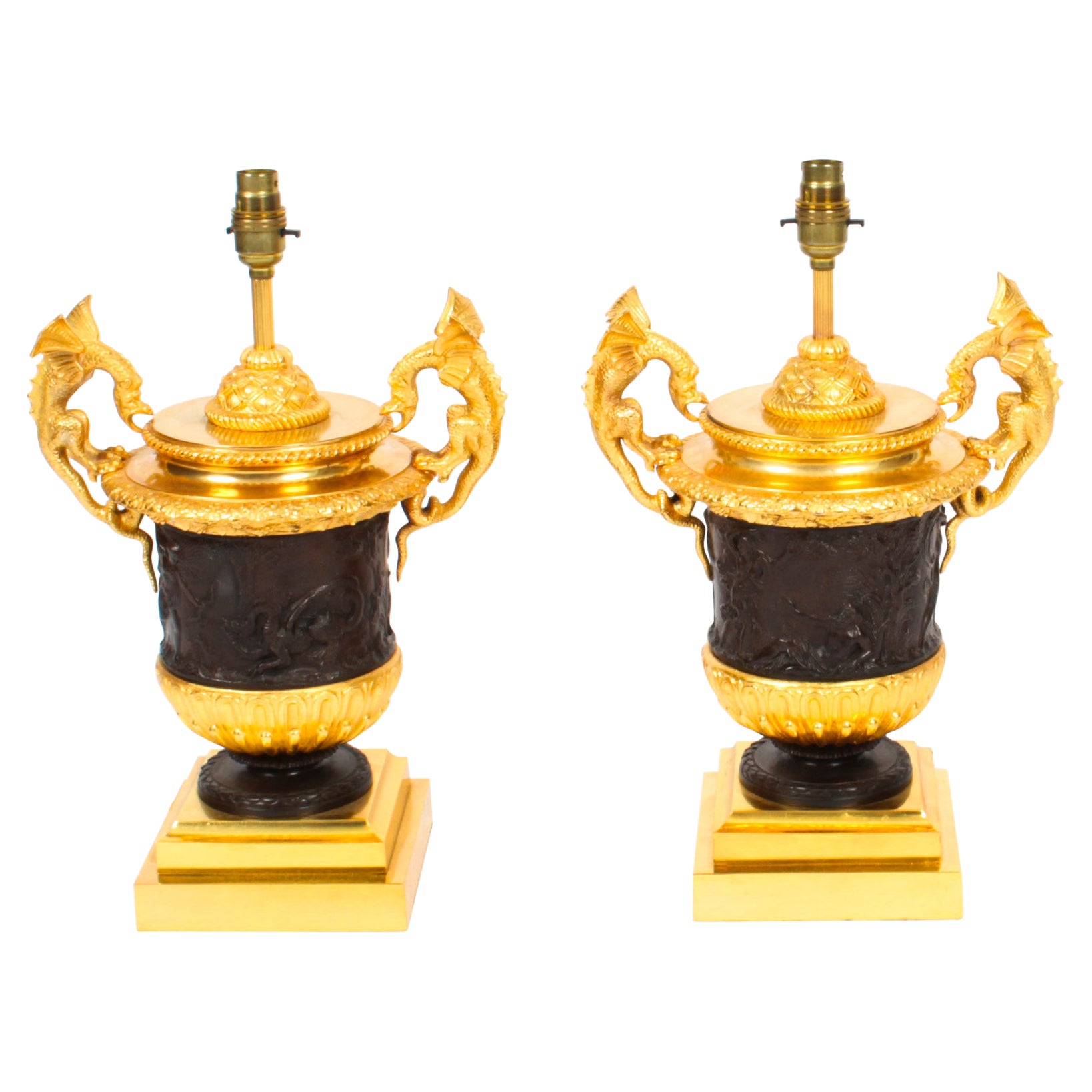 Vintage Pair Ormolu & Patinated Bronze Urn Table Lamps 20th C