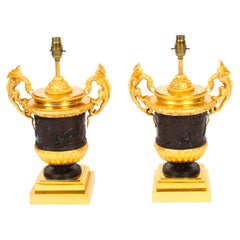 Vintage Pair Ormolu & Patinated Bronze Urn Table Lamps 20th C