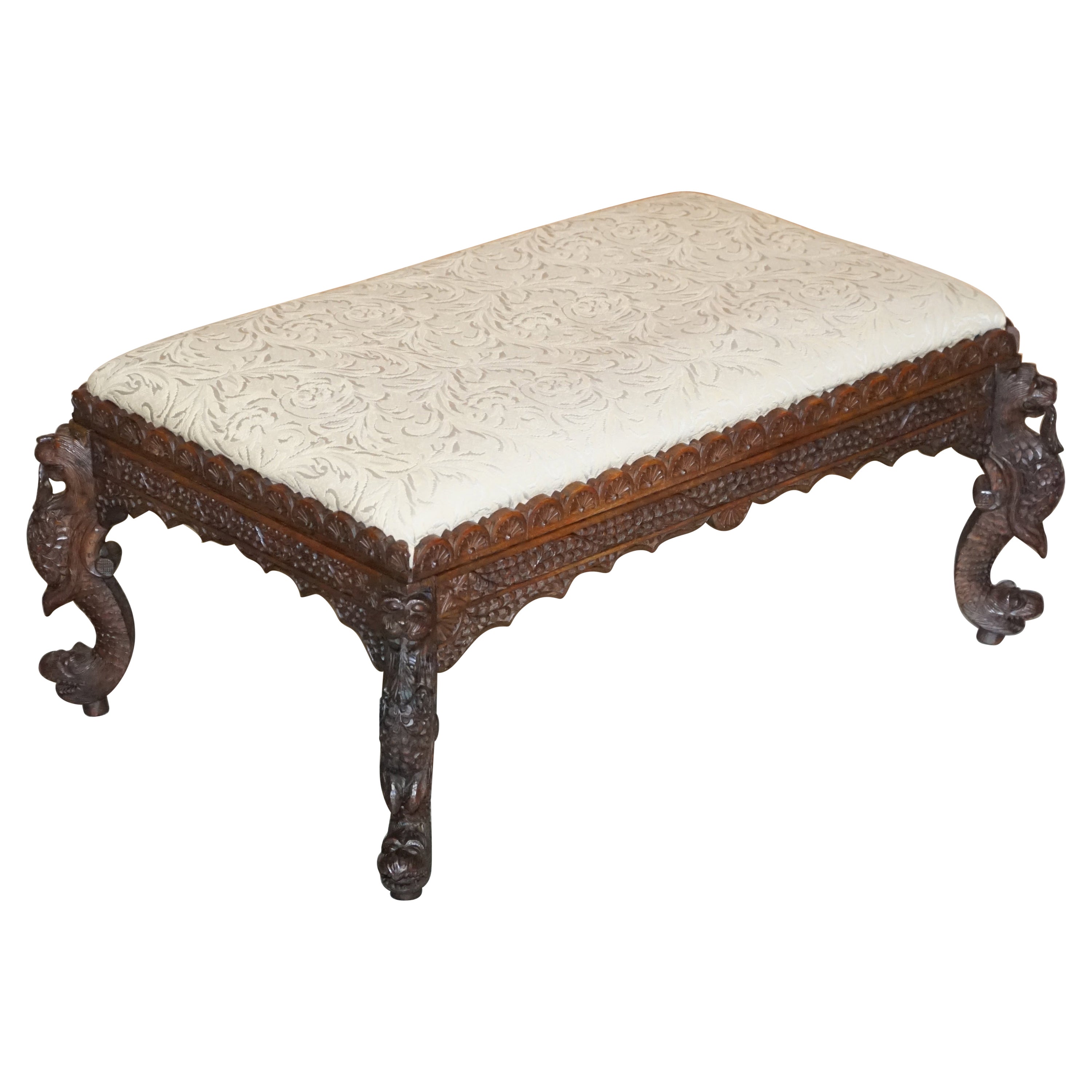 Fine circa 1880 Antique Victorian Anglo Indian Burmese Carved Footstool Ottoman For Sale