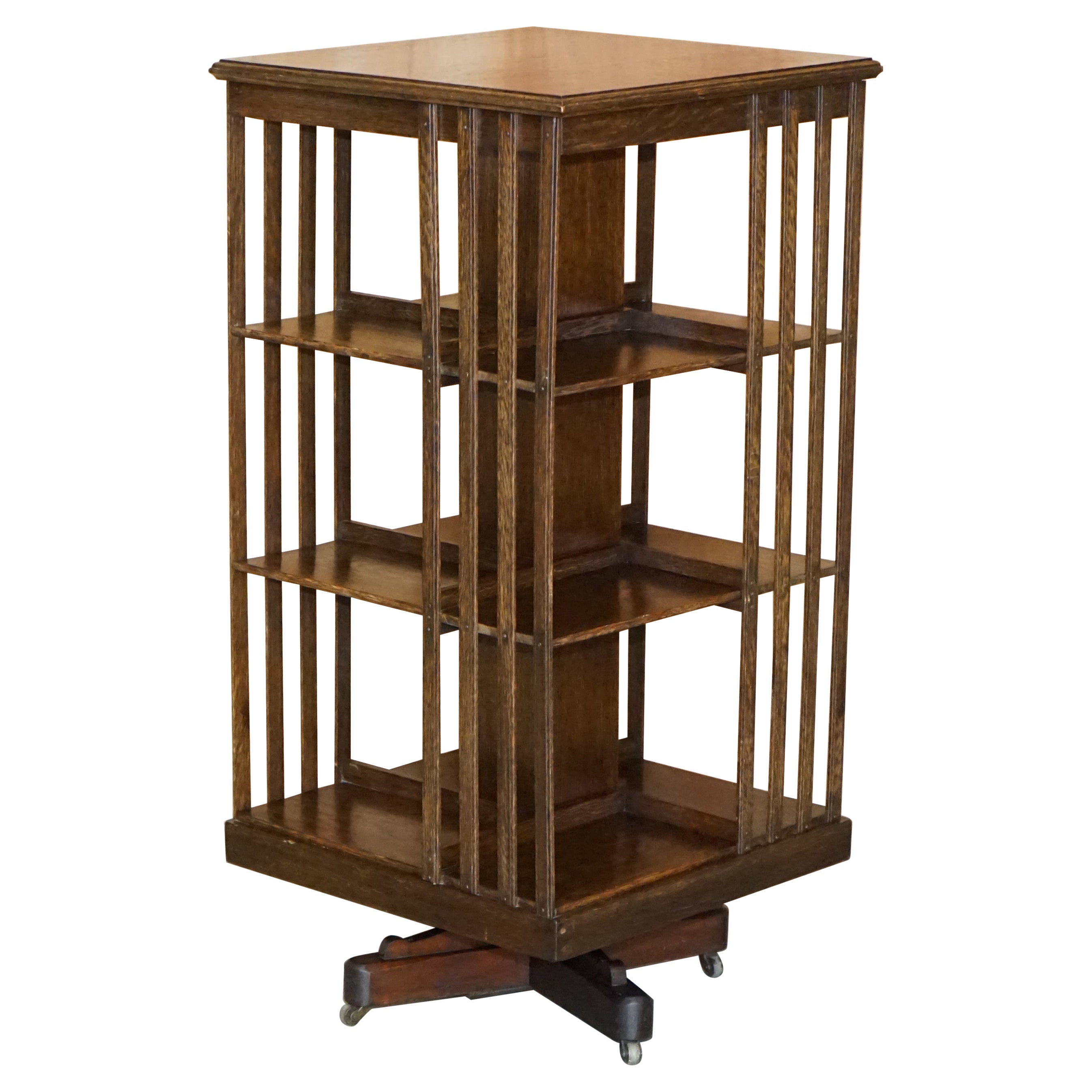 Large Edwardian Circa 1900 English Oak Revolving Rotating Library Study Bookcase