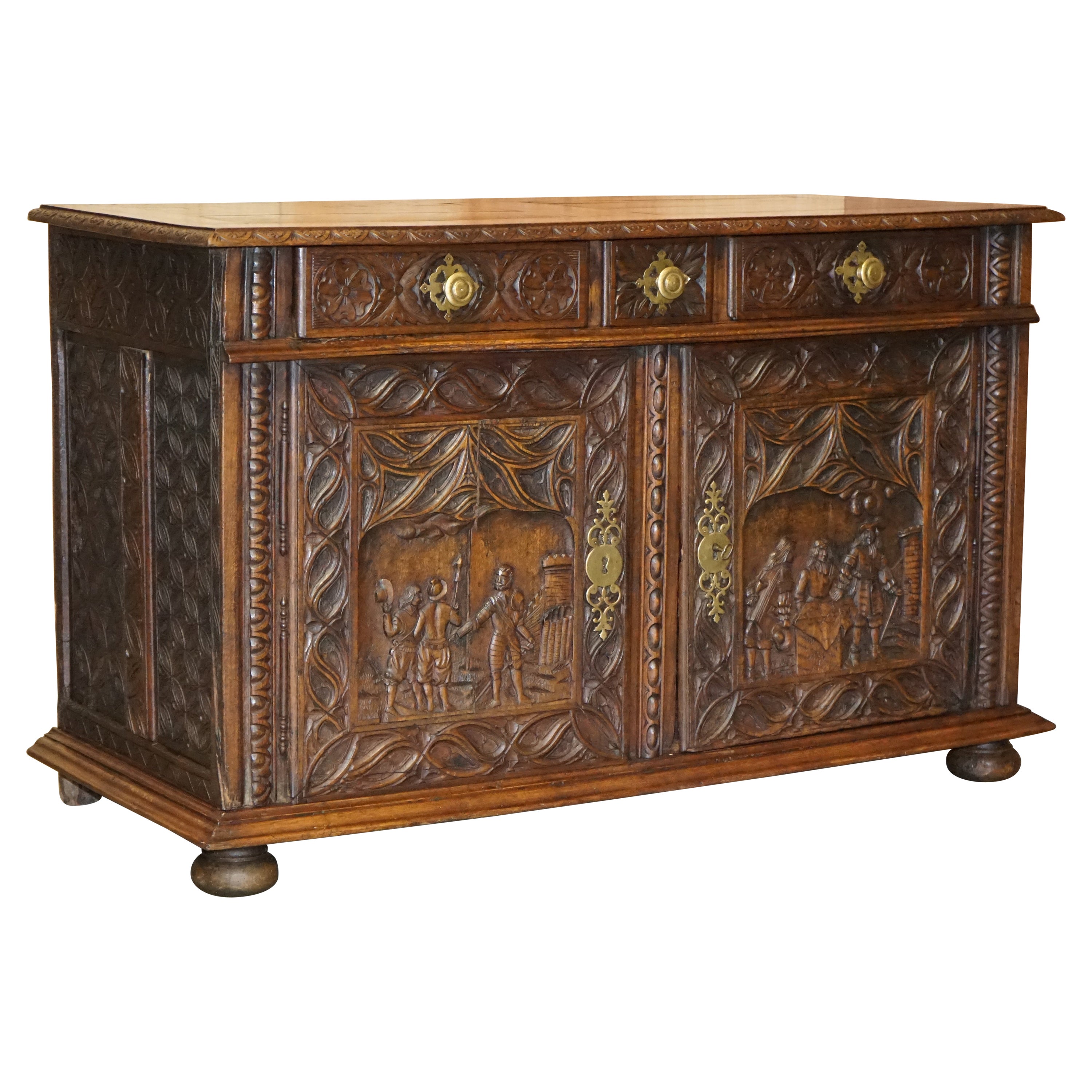 Antique Carved Circa 1800 Continental Oak Sideboard Beautiful Military Panels For Sale