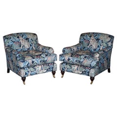 Vintage Pair of William Morris Forest Linen Upholstered Howard Style Armchairs