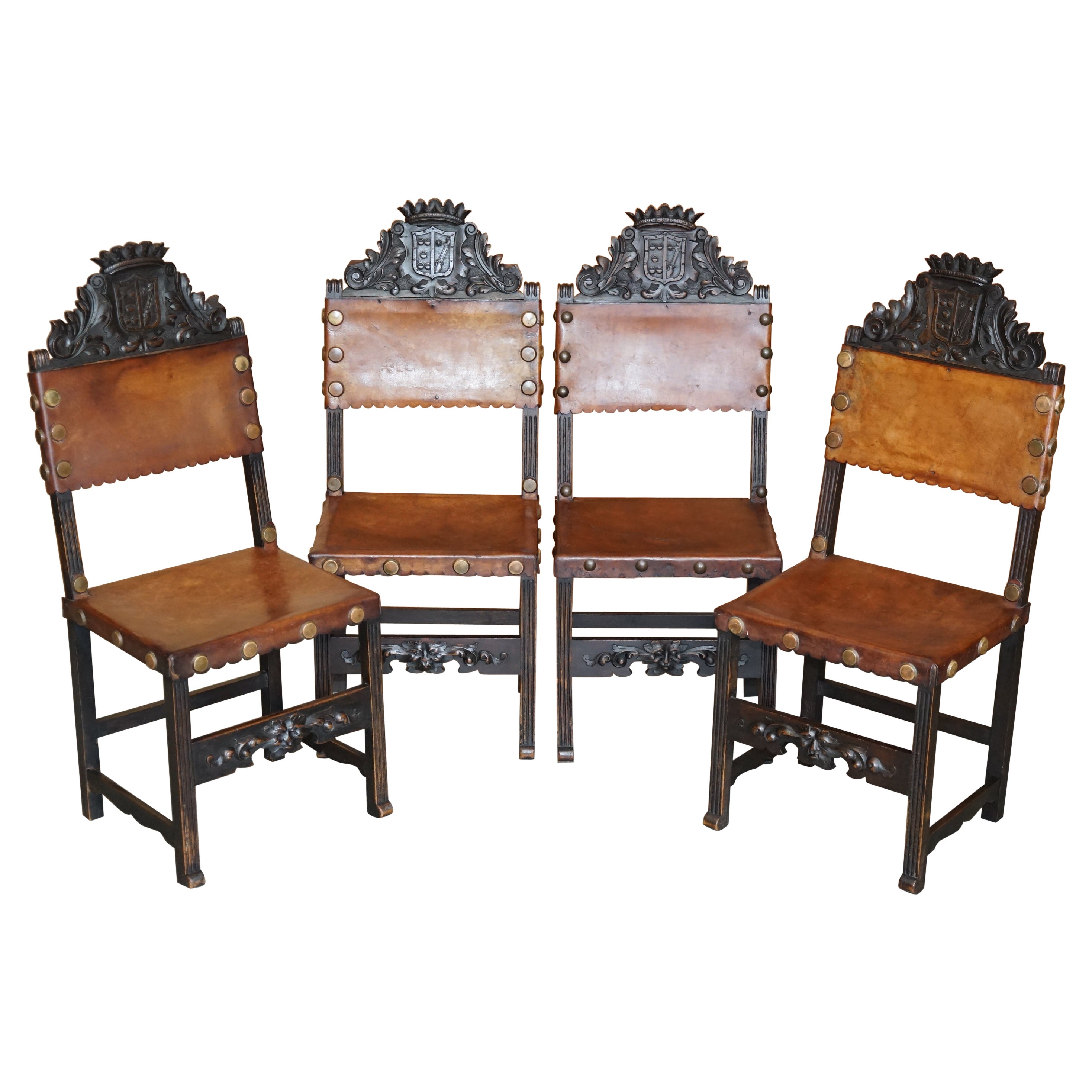 4 Victorian Oak Carved Dining Chairs Armorial Crest Coat of Arms Brown Leather