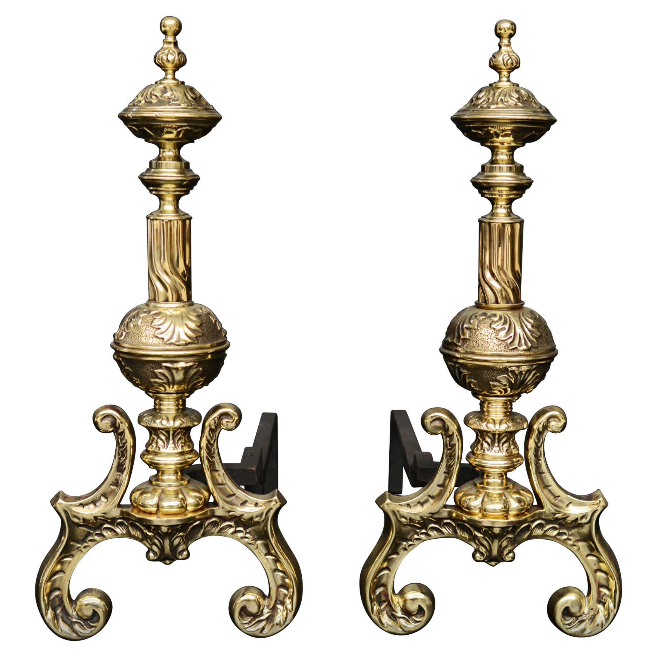 Ornate Pair of Brass Firedogs For Sale