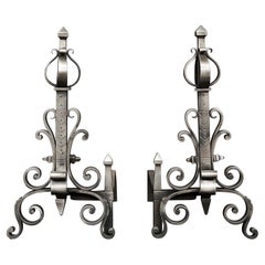 Pair of Polished Steel Firedogs with Scrollwork
