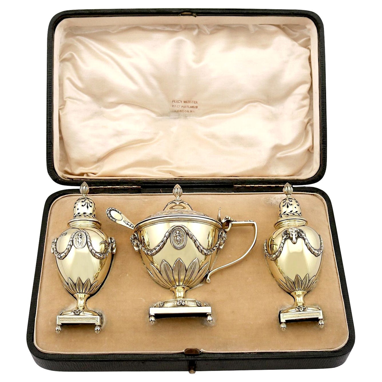 Antique Edwardian Sterling Silver Gilt Condiment Set 1905