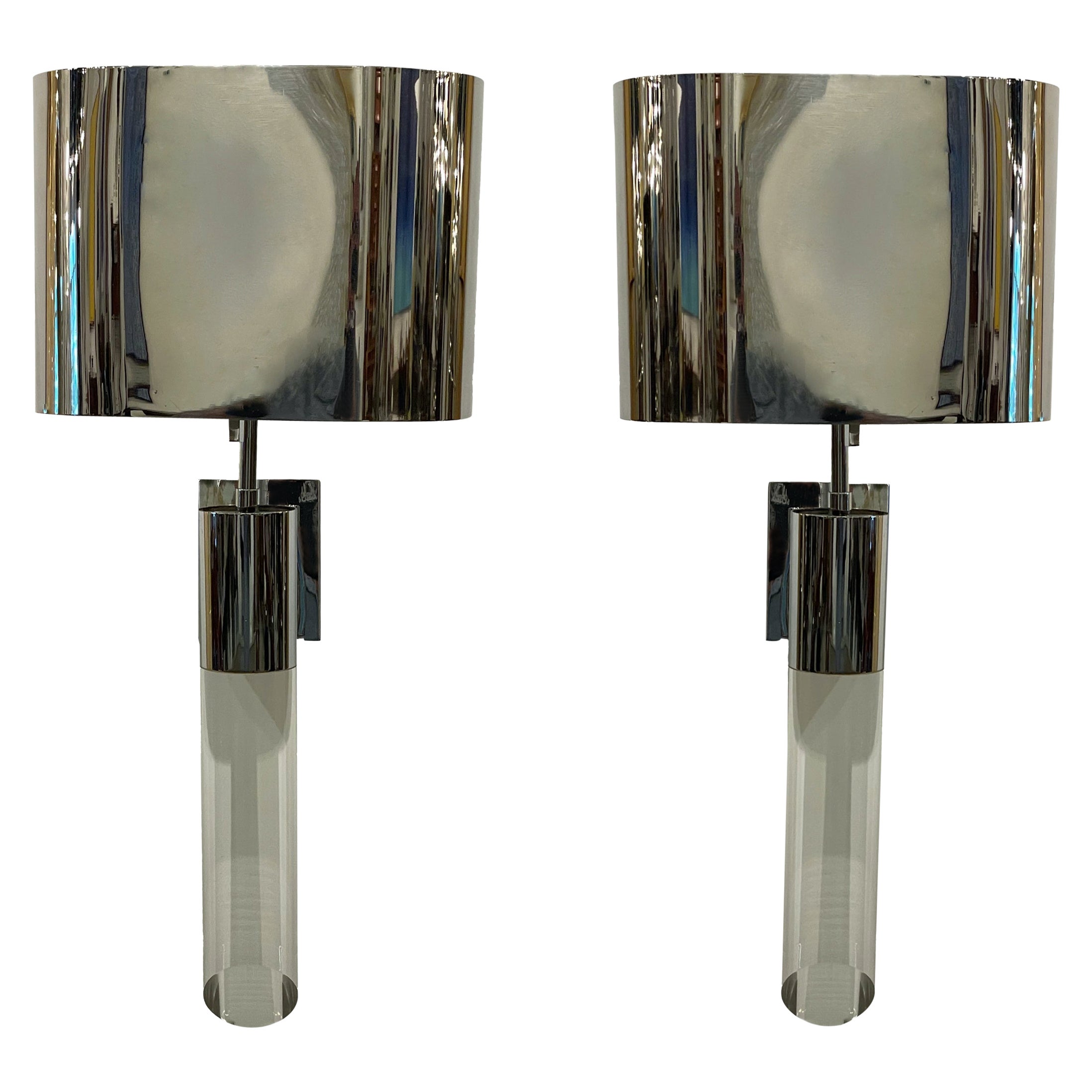 Fine Pair American Modern Polished Steel and Lucite Wall Lights, Karl Springer For Sale